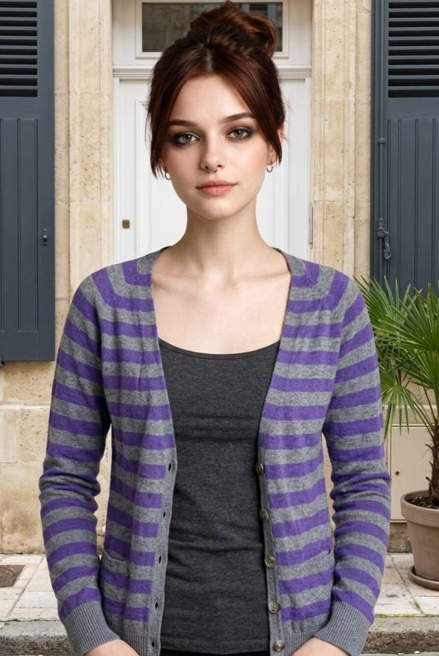 💜TNA Purple & Gray Stripe Wool Blend Long Sleeve Cardigan Sweater Small